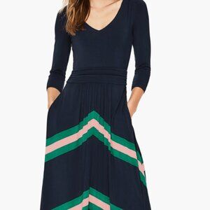 Boden Juliet Jersey Knit Midi Dress Navy Chevron Stripe Pink Green Womens 18